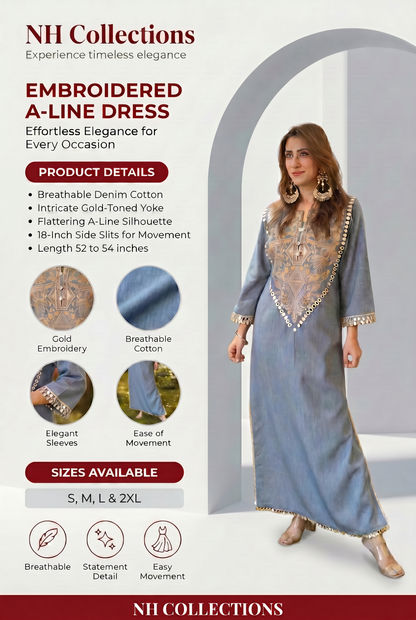 Women's Denim like cotton A-line Embroidered dress in S, M, L & 2XL