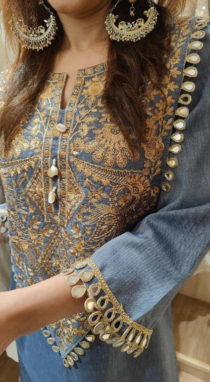 Women's Denim like cotton A-line Embroidered dress in S, M, L & 2XL