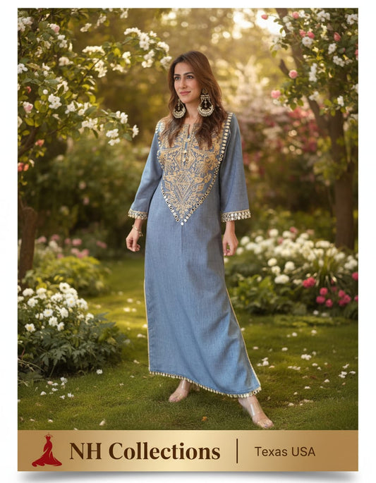 Women's Denim like cotton A-line Embroidered dress in S, M, L & 2XL