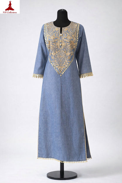 Women's Denim like cotton A-line Embroidered dress in S, M, L & 2XL