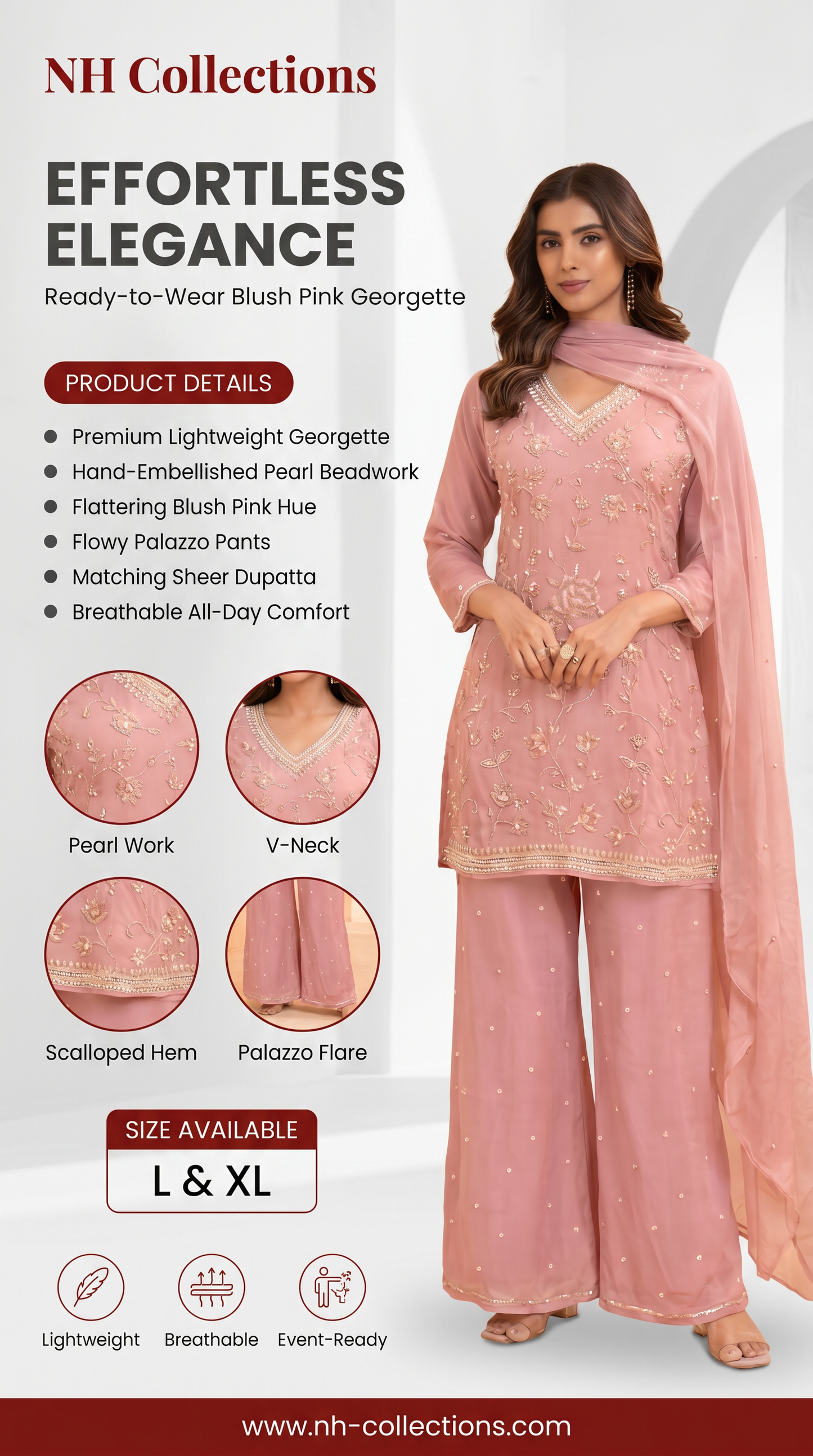 Women's Pink pure georgette pallazo set in L & XL