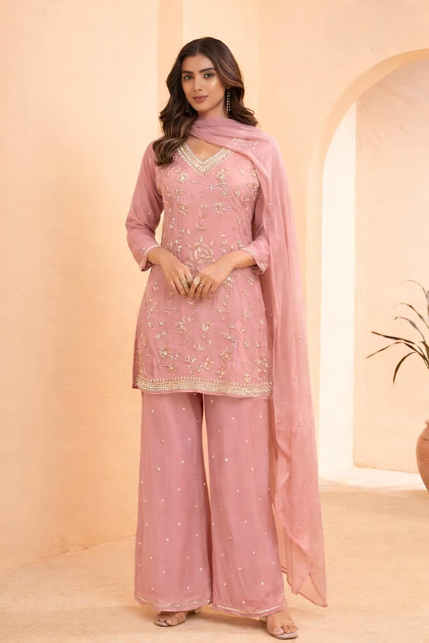 Women's Pink pure georgette pallazo set in L & XL