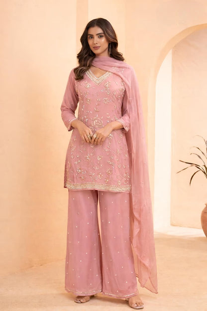 Women's Pink pure georgette pallazo set in L & XL
