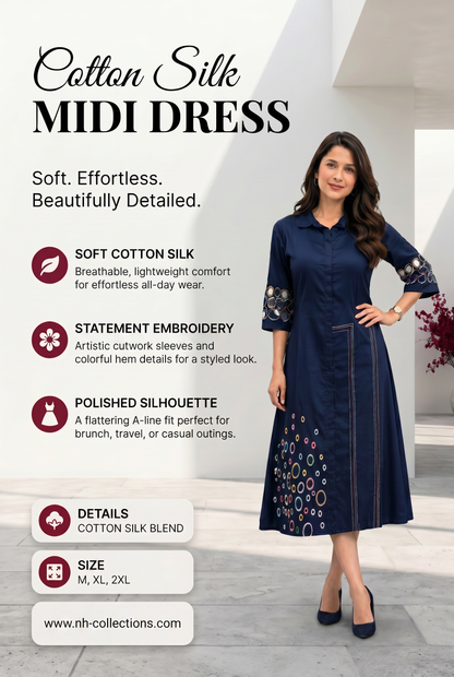 Women's Cotton Silk Aline dress with cutwork sleeves and embroidery in M, XL, 2XL