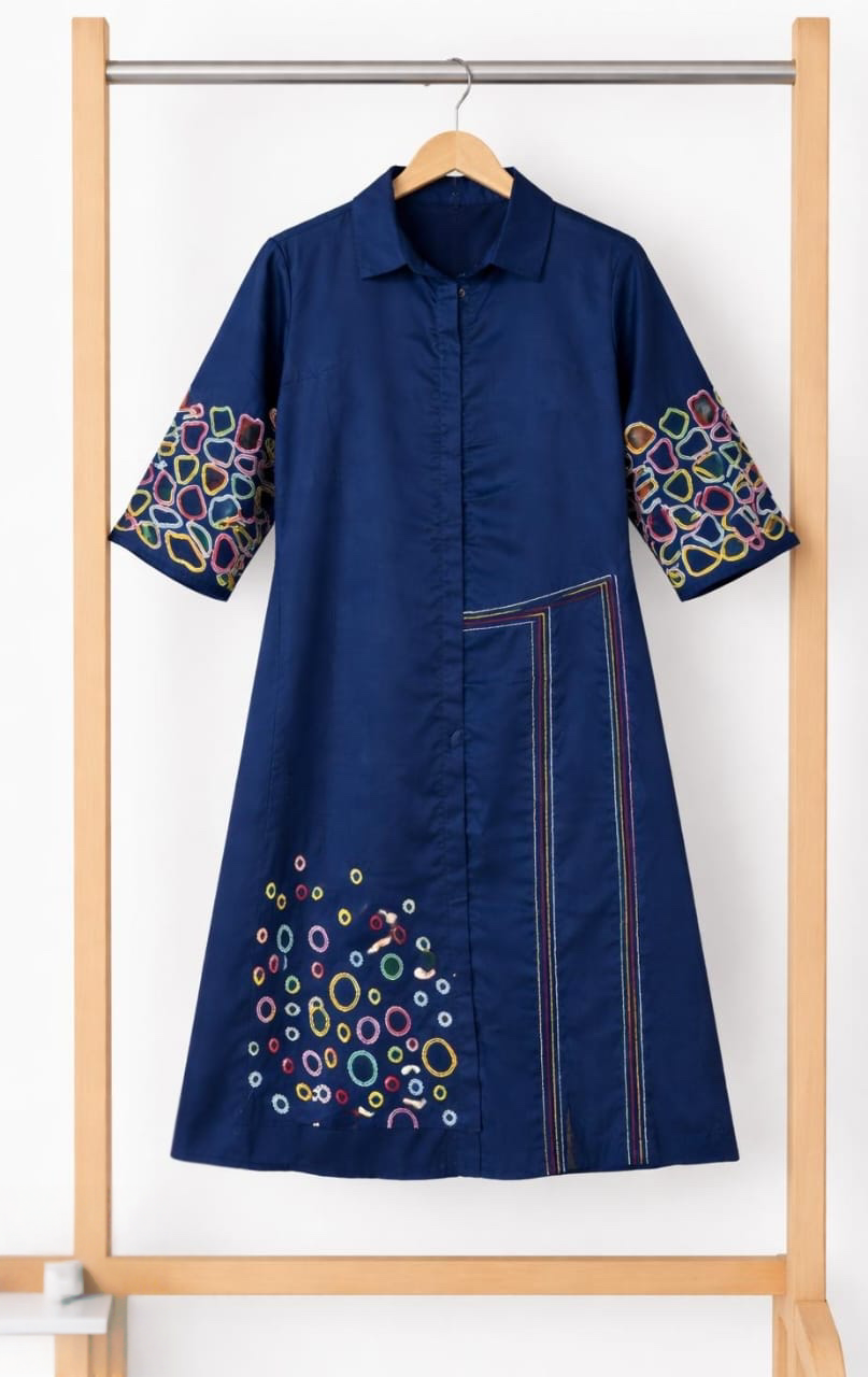 Women's Cotton Silk Aline dress with cutwork sleeves and embroidery in M, XL, 2XL