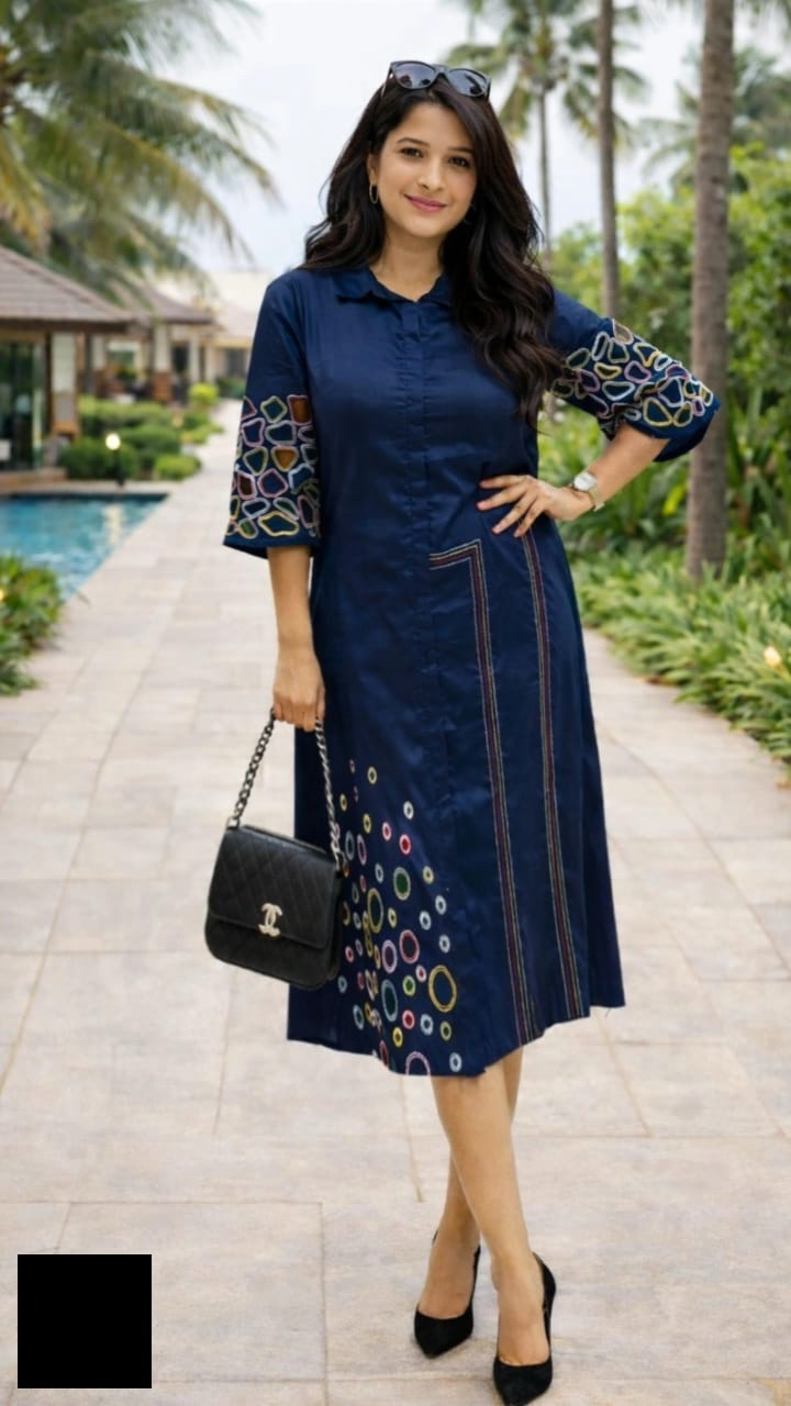 Women's Cotton Silk Aline dress with cutwork sleeves and embroidery in M, XL, 2XL