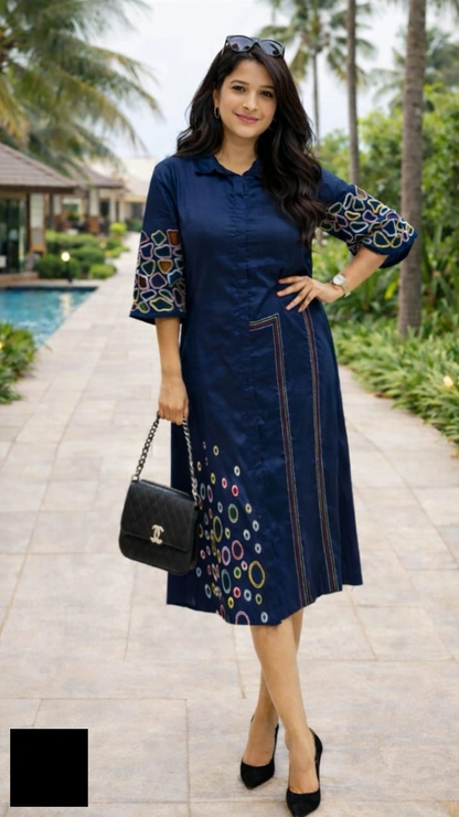 Women's Cotton Silk Aline dress with cutwork sleeves and embroidery in M, XL, 2XL