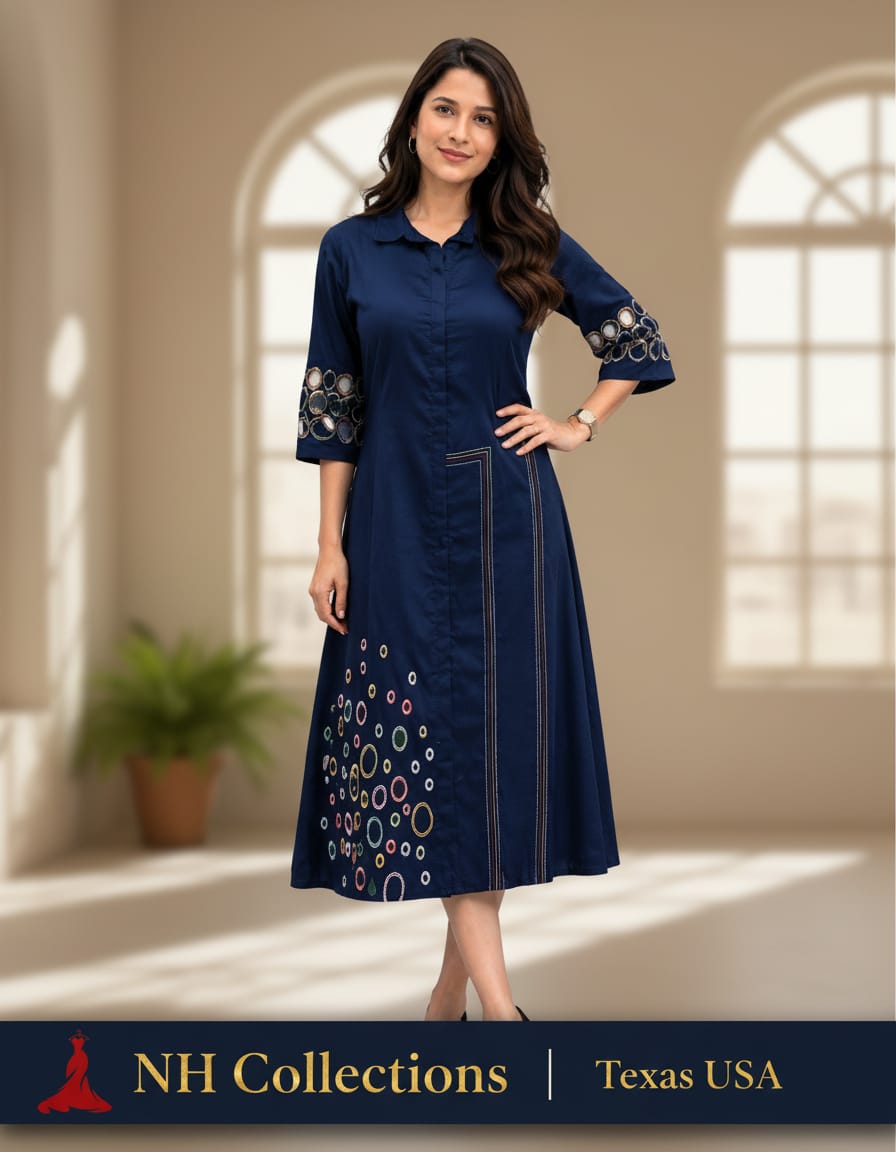 Women's Cotton Silk Aline dress with cutwork sleeves and embroidery in M, XL, 2XL