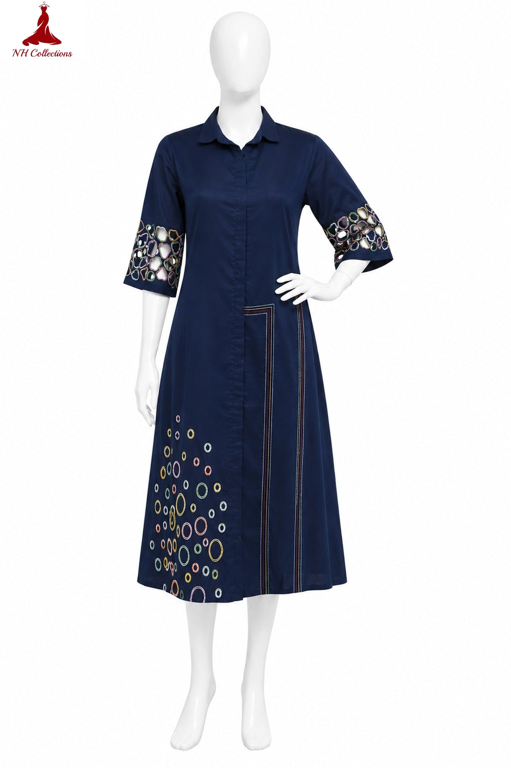 Women's Cotton Silk Aline dress with cutwork sleeves and embroidery in M, XL, 2XL