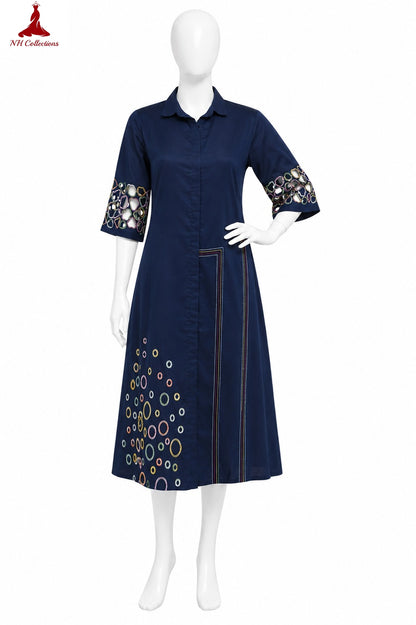 Women's Cotton Silk Aline dress with cutwork sleeves and embroidery in M, XL, 2XL