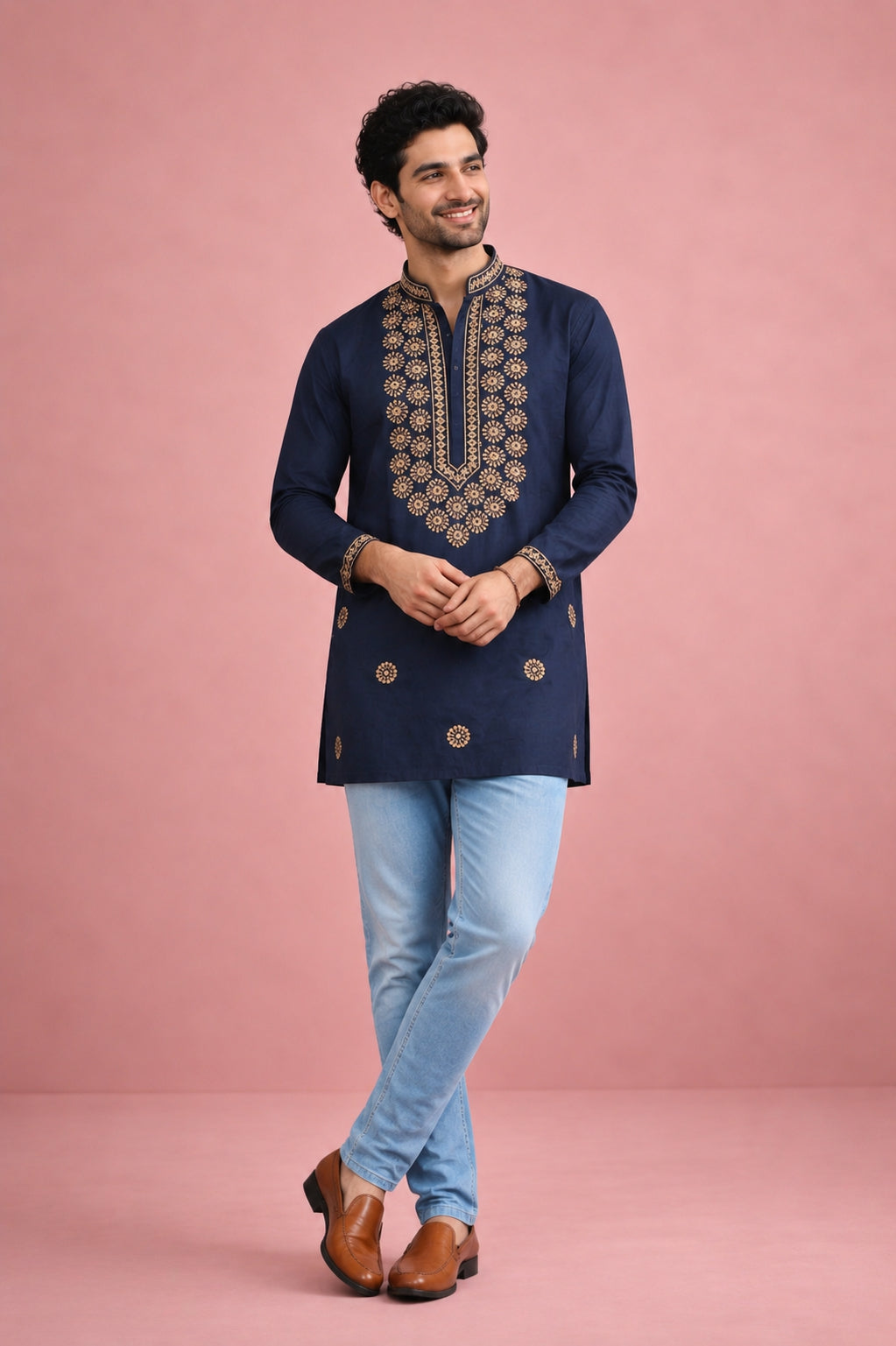 Men’s Rolex silk Kurta with star embroidery in L to 2XL