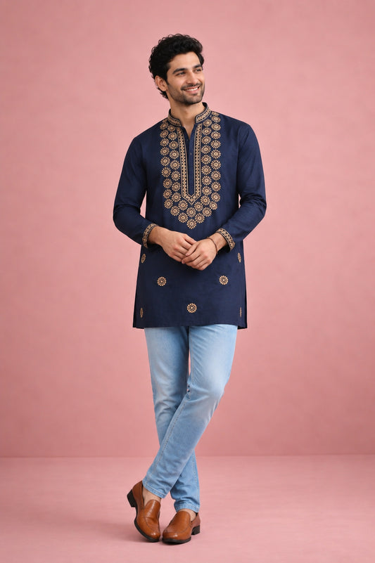 Men’s Rolex silk Kurta with star embroidery in L to 2XL