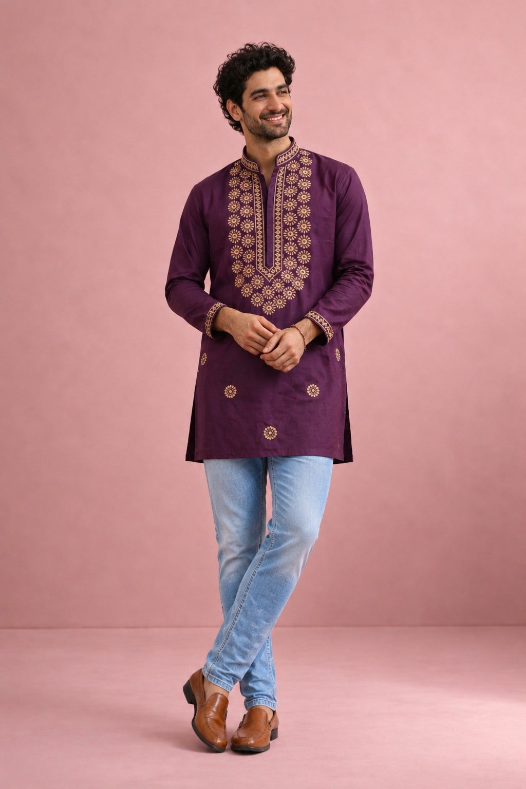 Men’s Rolex silk Kurta with star embroidery in L to 2XL