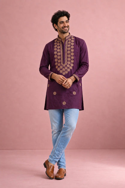 Men’s Rolex silk Kurta with star embroidery in L to 2XL
