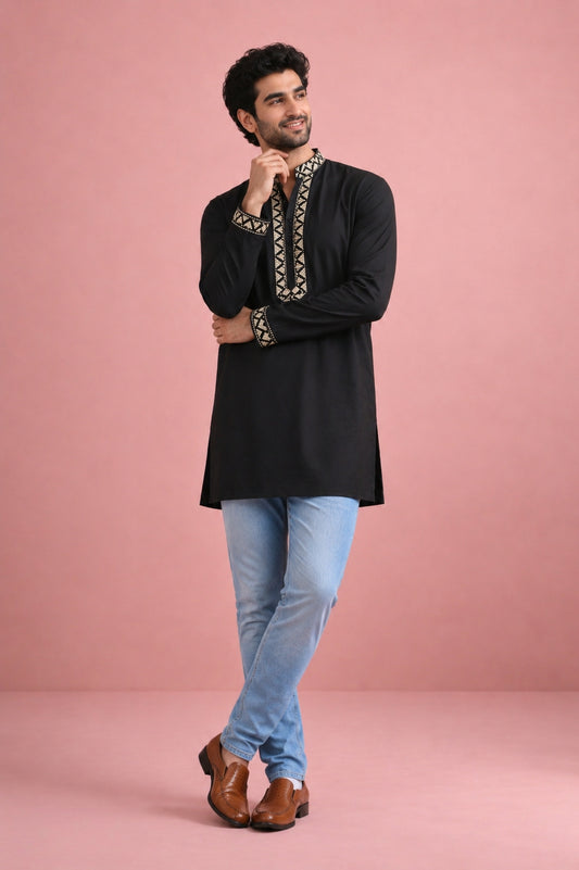 Men’s Rolex silk Kurta with silver embroidery in L to 2XL