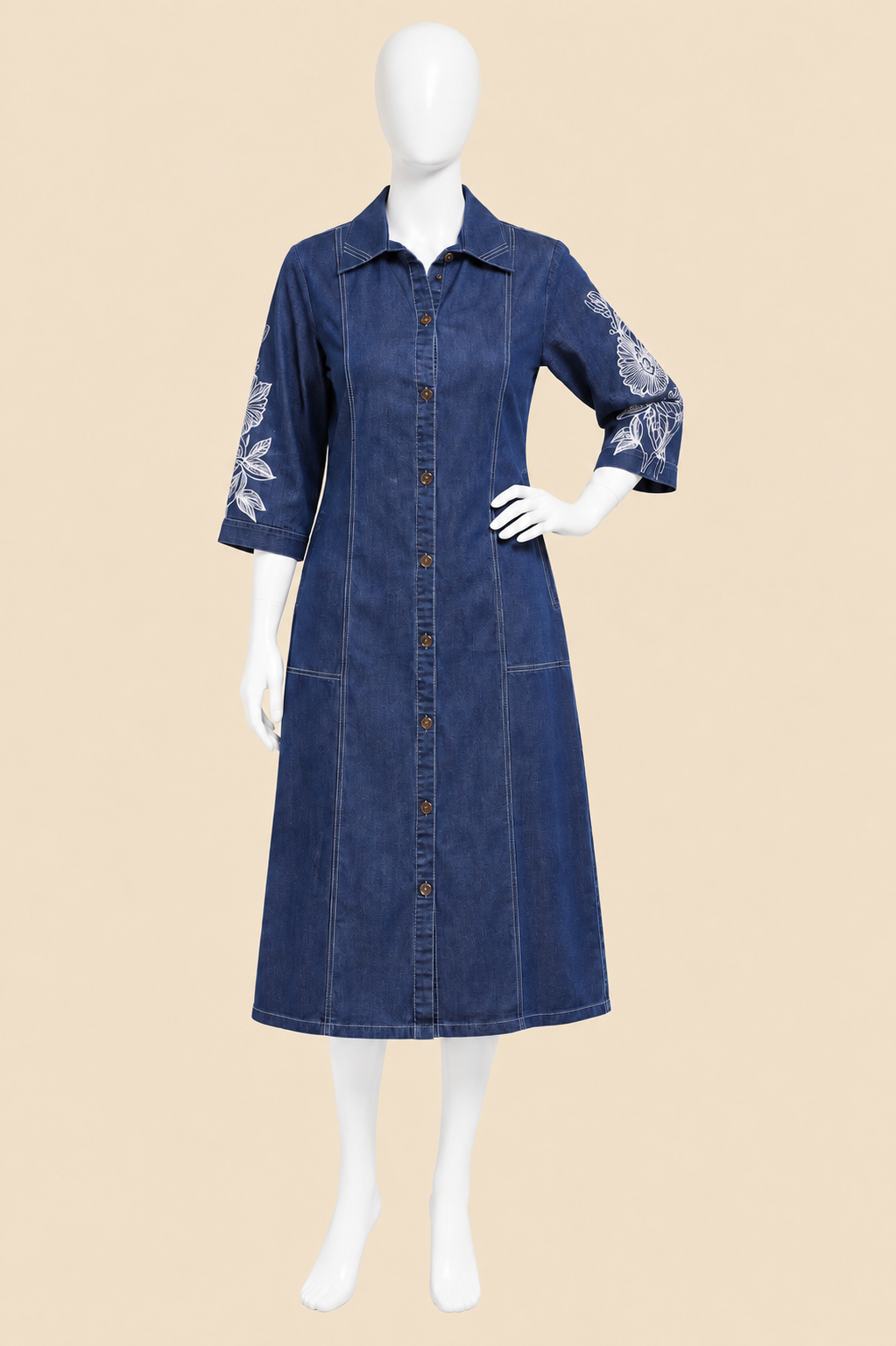 Women's Glazed Denim A-Line Embroidered Dress (M, L, 2XL)
