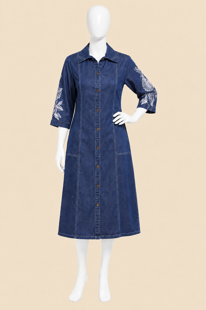 Women's Glazed Denim A-Line Embroidered Dress (M, L, 2XL)
