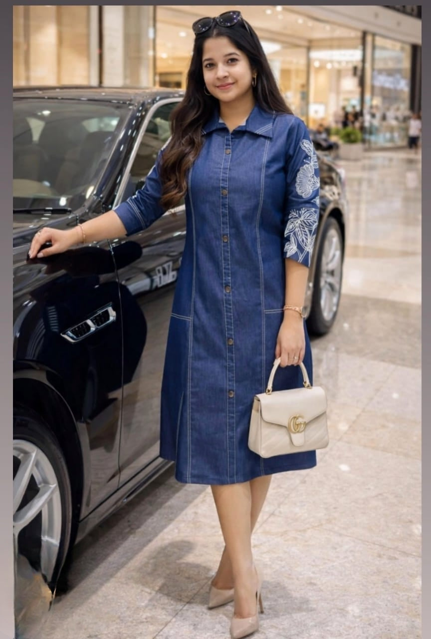 Women's Glazed Denim A-Line Embroidered Dress (M, L, 2XL)