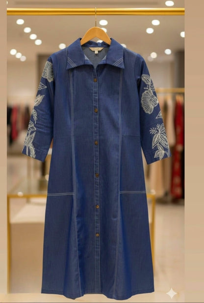 Women's Glazed Denim A-Line Embroidered Dress (M, L, 2XL)