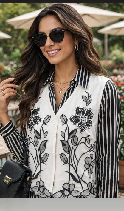 Women's Black & White Striped Cotton Coord Set with Embroidered Jacket (S, M, XL)