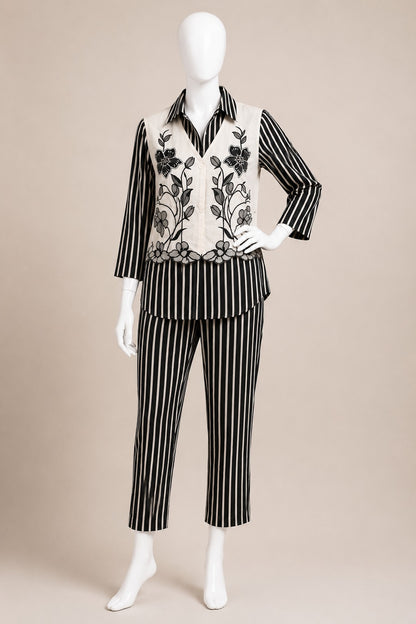 Women's Black & White Striped Cotton Coord Set with Embroidered Jacket (S, M, XL)