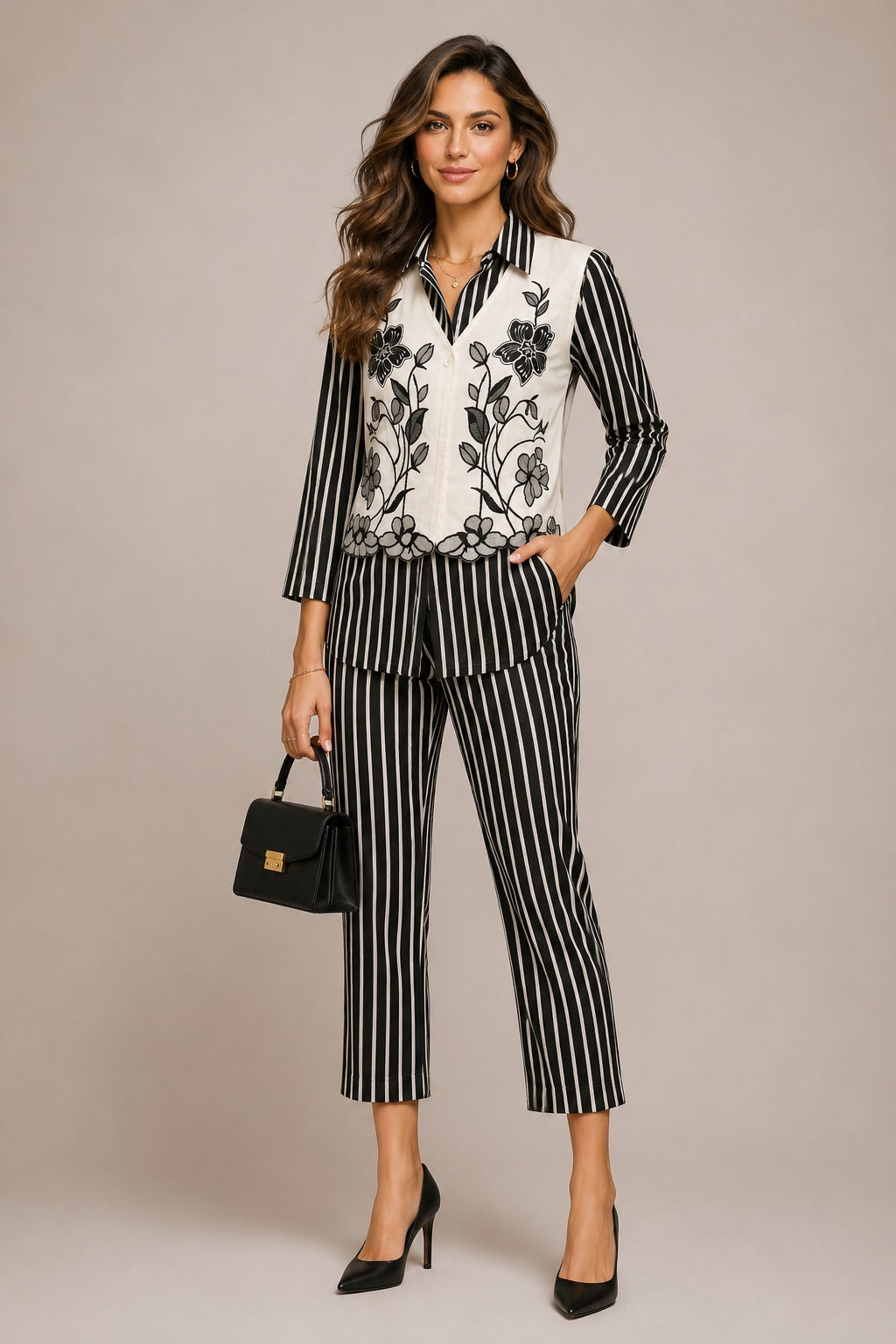 Women's Black & White Striped Cotton Coord Set with Embroidered Jacket (S, M, XL)