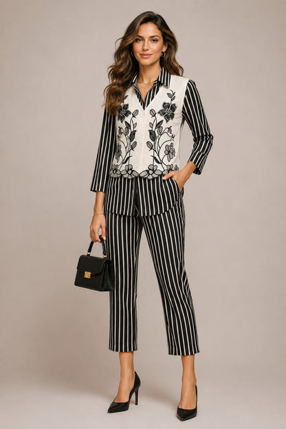 Women's Black & White Striped Cotton Coord Set with Embroidered Jacket (S, M, XL)