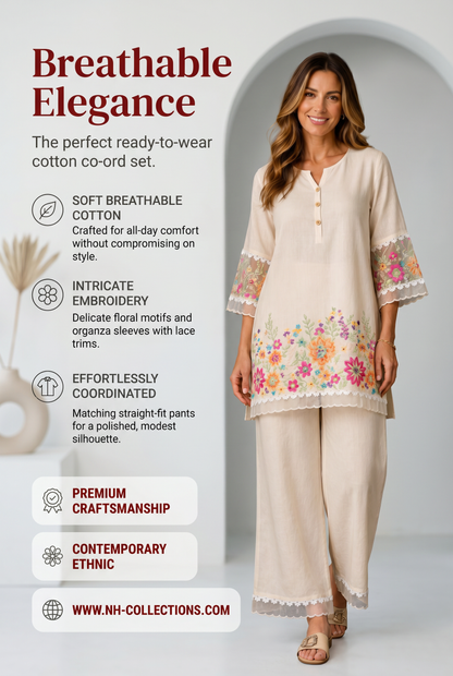 Women's soft cotton embroidered co-ord Set with lace in S to 2XL