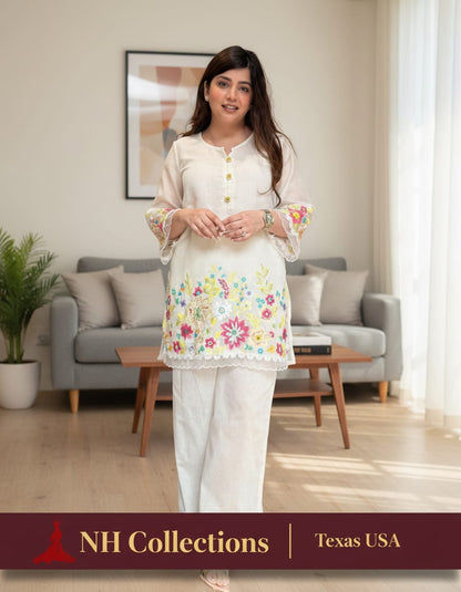 Women's soft cotton embroidered co-ord Set with lace in S to 2XL