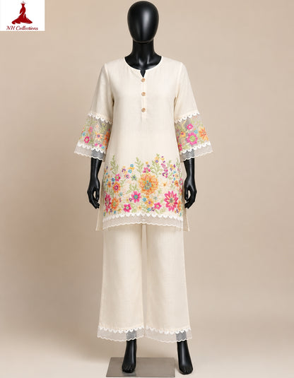 Women's soft cotton embroidered co-ord Set with lace in S to 2XL