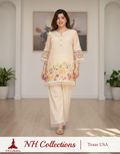 Women's soft cotton embroidered co-ord Set with lace in S to 2XL