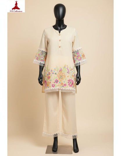 Women's soft cotton embroidered co-ord Set with lace in S to 2XL