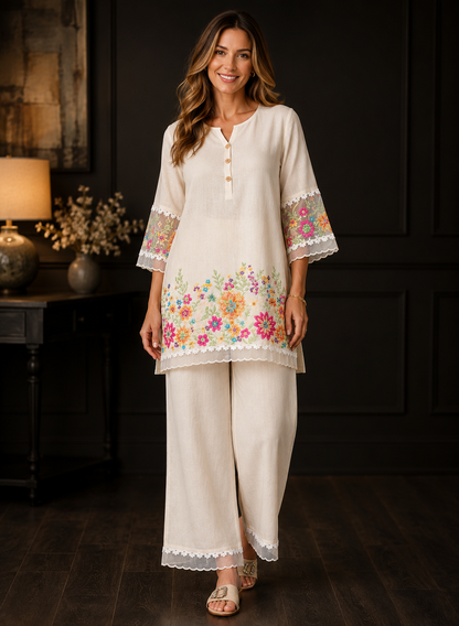 Women's soft cotton embroidered co-ord Set with lace in S to 2XL