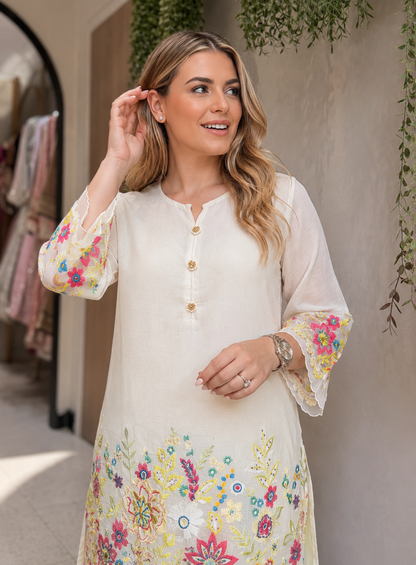 Women's soft cotton embroidered co-ord Set with lace in S to 2XL