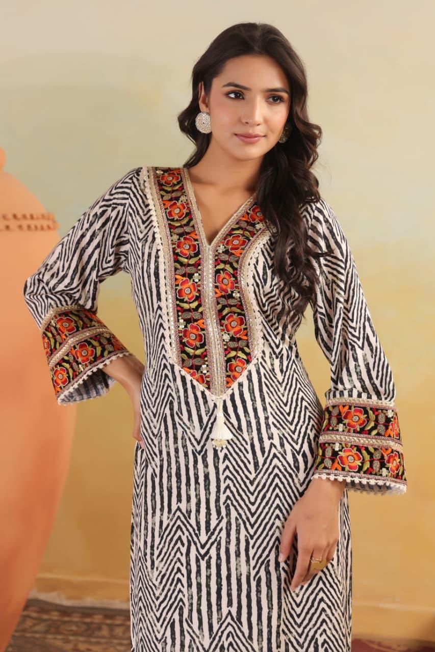Women's Crepe Aline Long Dress with Foil Work & Embroidered Patch (S to 2XL)