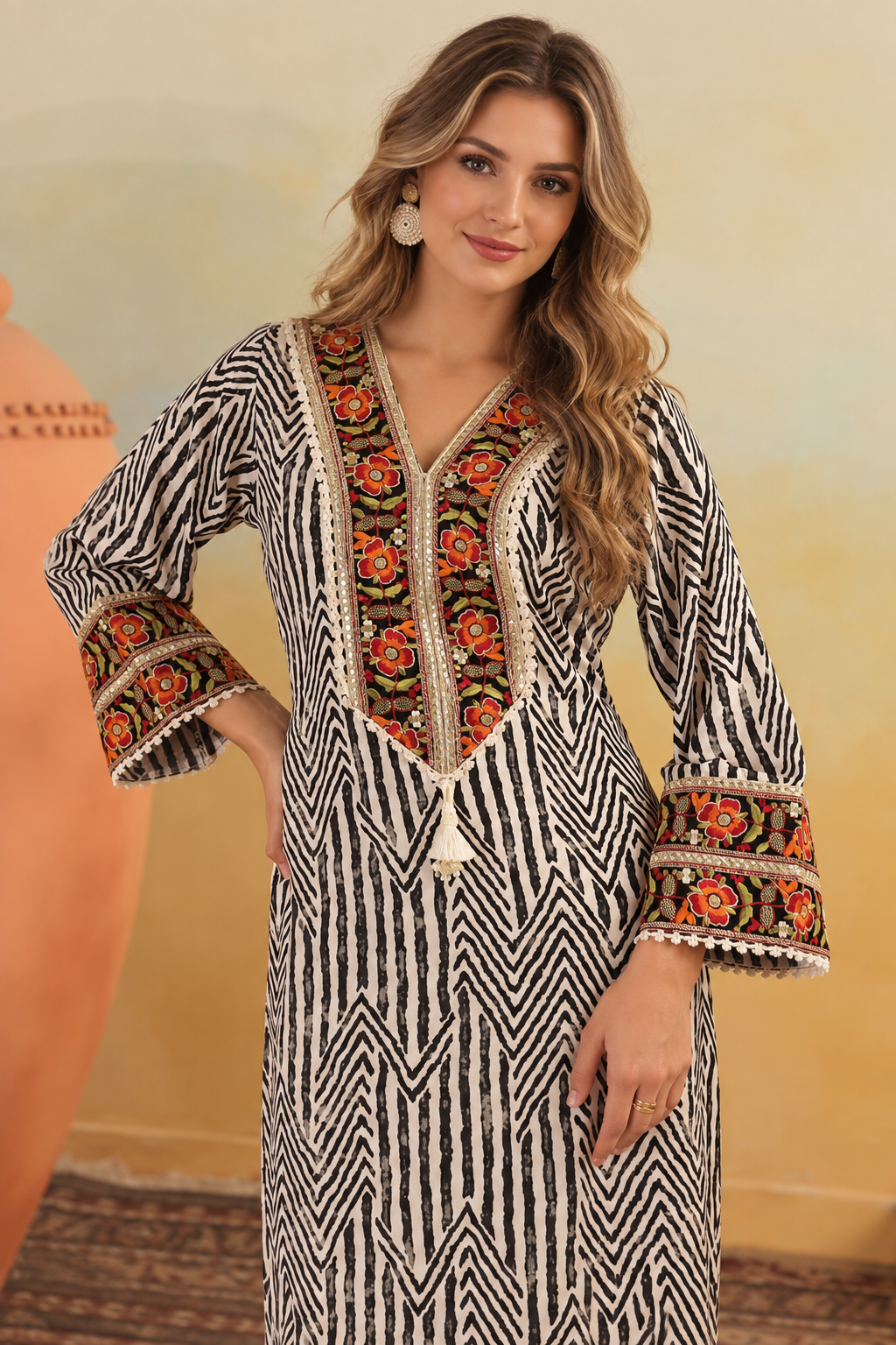 Women's Crepe Aline Long Dress with Foil Work & Embroidered Patch (S to 2XL)