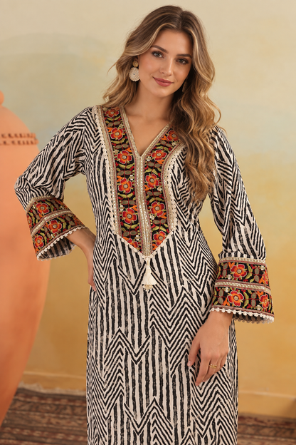 Women's Crepe Aline Long Dress with Foil Work & Embroidered Patch (S to 2XL)