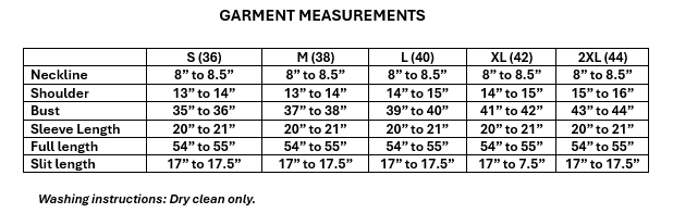 Size guide for Women's Crepe Aline Long Dress with Foil Work & Embroidered Patch (S to 2XL)