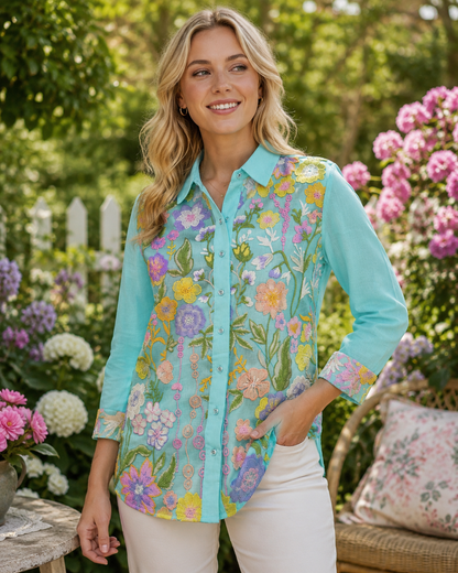 Women's Floral Embroidered Cotton Apple-Cut Top (L, XL, 3XL, 4XL)