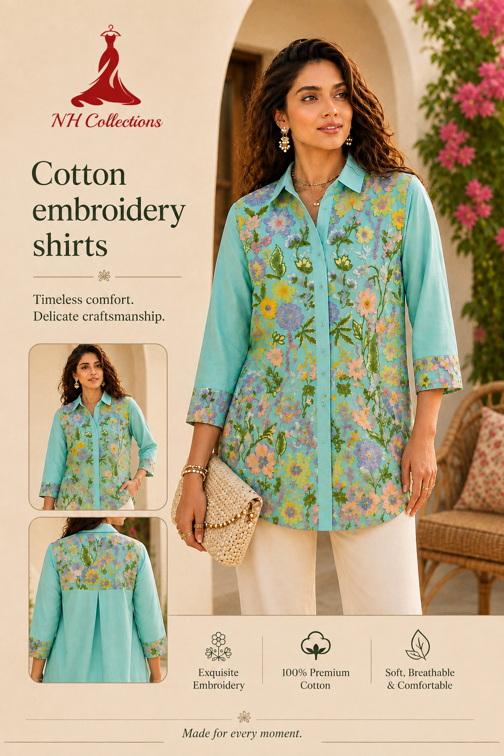 Women's Floral Embroidered Cotton Apple-Cut Top (L, XL, 3XL, 4XL)