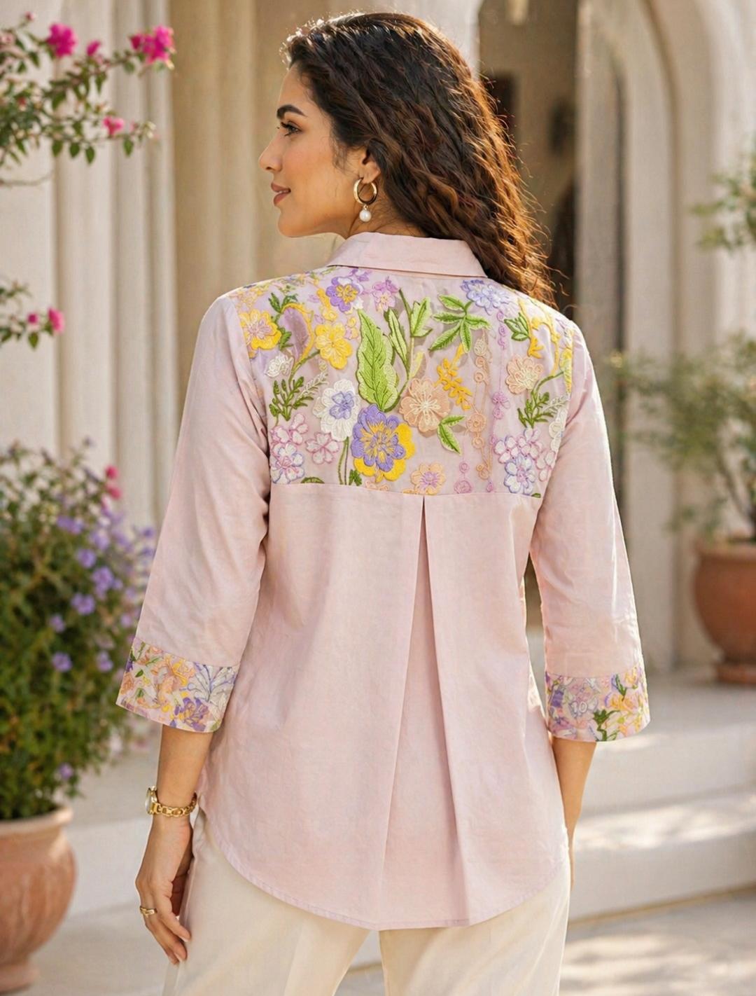 Women's Floral Embroidered Cotton Apple-Cut Top (L, XL, 3XL, 4XL)