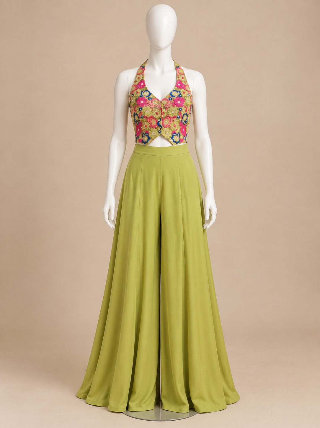 Women's Indo-Western Halter Neck Blouse & Flared Palazzo Set  in S