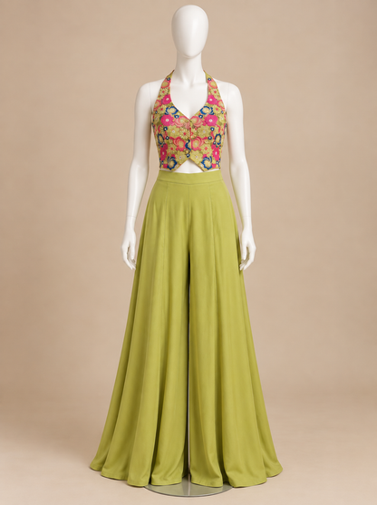 Women's Indo-Western Halter Neck Blouse & Flared Palazzo Set  in S