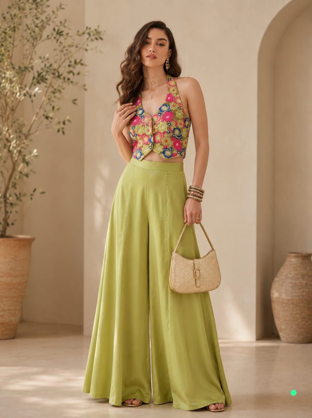 Women's Indo-Western Halter Neck Blouse & Flared Palazzo Set  in S