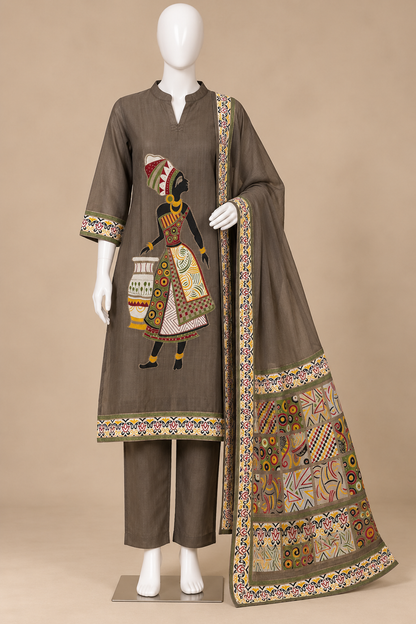 Women's Brown Cotton Weaving Work Kurta Set in L