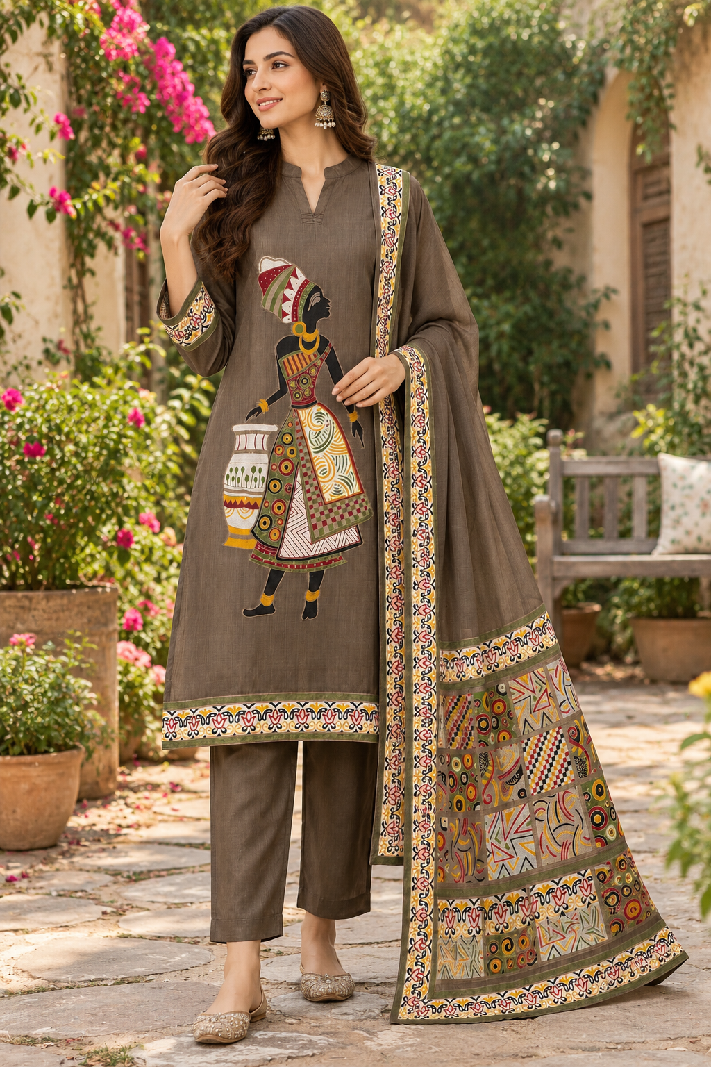 Women's Brown Cotton Weaving Work Kurta Set in L