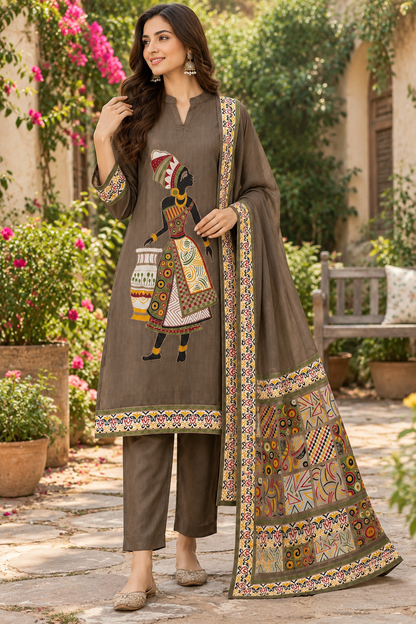 Women's Brown Cotton Weaving Work Kurta Set in L