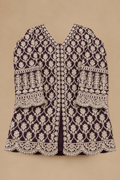 Women's Deep Wine Embroidered Georgette Palazzo Set with Stole in M
