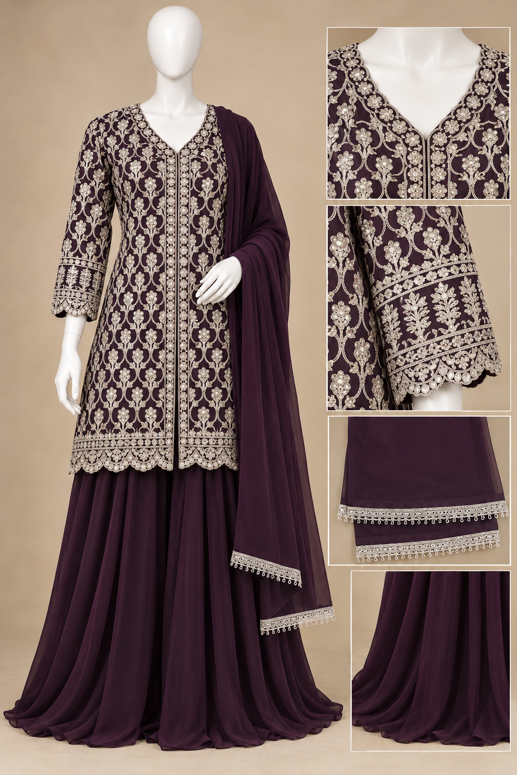 Women's Deep Wine Embroidered Georgette Palazzo Set with Stole in M