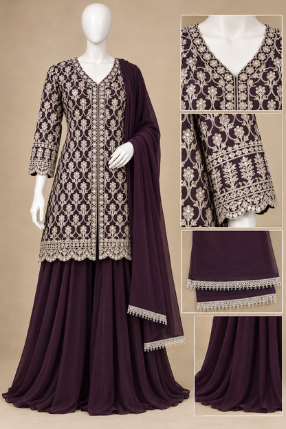 Women's Deep Wine Embroidered Georgette Palazzo Set with Stole in M